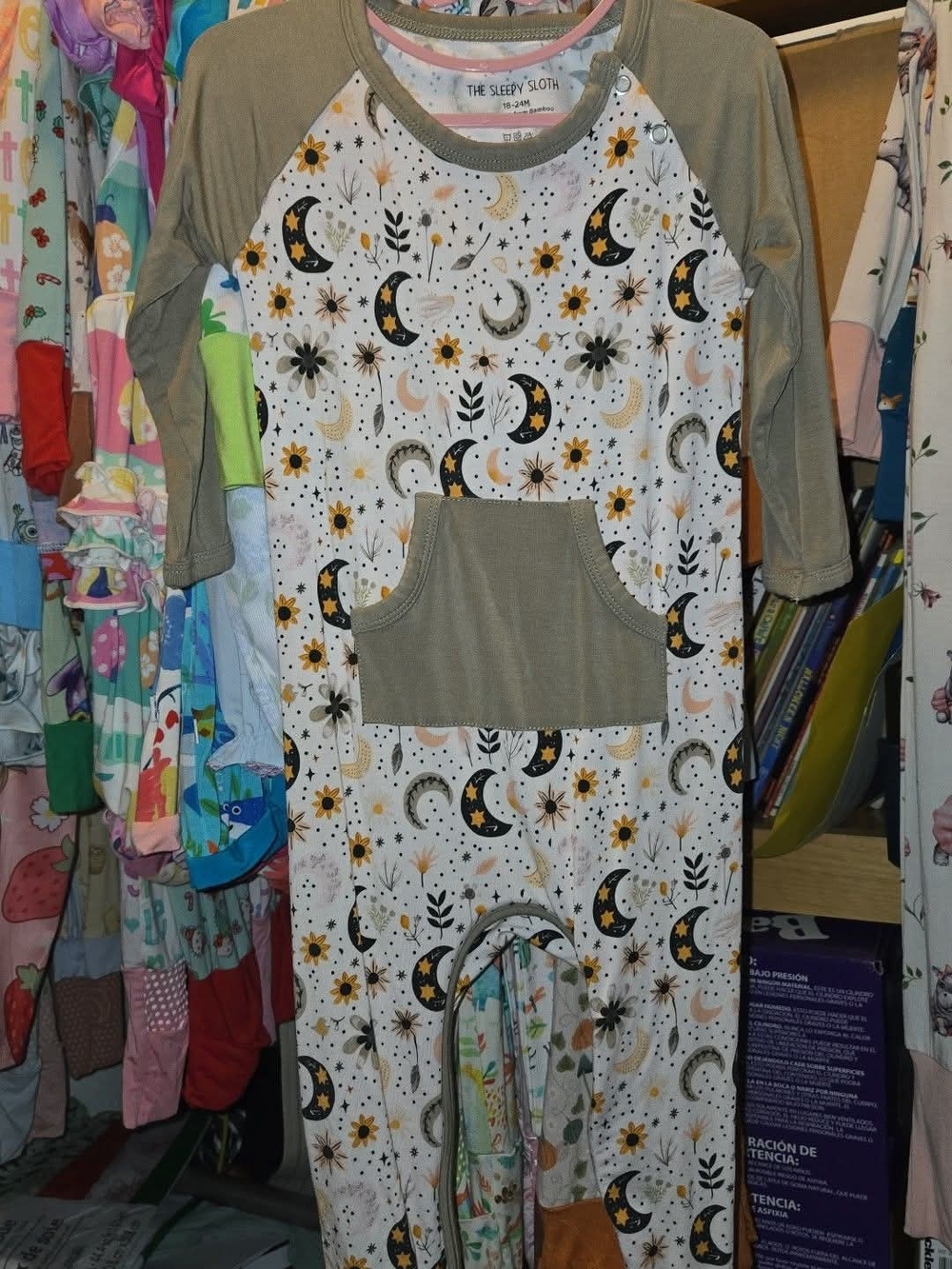 NWOT- The Sleepy Sloth Lunar Blossoms LONGALL Olive & Cream Moon Print BAMBOO